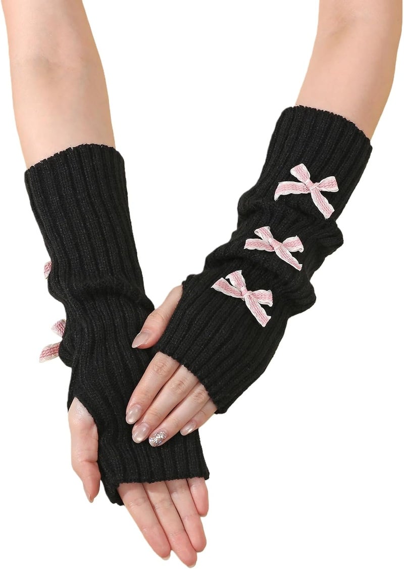 Lauthen.S Y2K Arm Warmers Cute Long Sleeve Fingerless Gloves Knitted Harajuke Style Arm Sleeves Kawaii with Bownot - Image 4